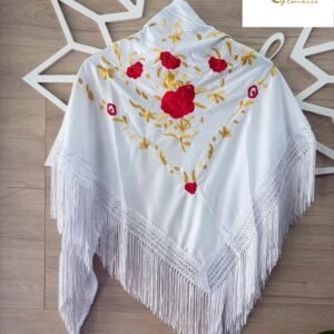 Mantón Farruca beige bordado en rojo y dorado