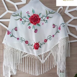 Mantón blanco bordado en colores