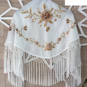 Mantón blanco bordado en marrón y dorado