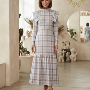 Vestido cuadros azul celeste y camel
